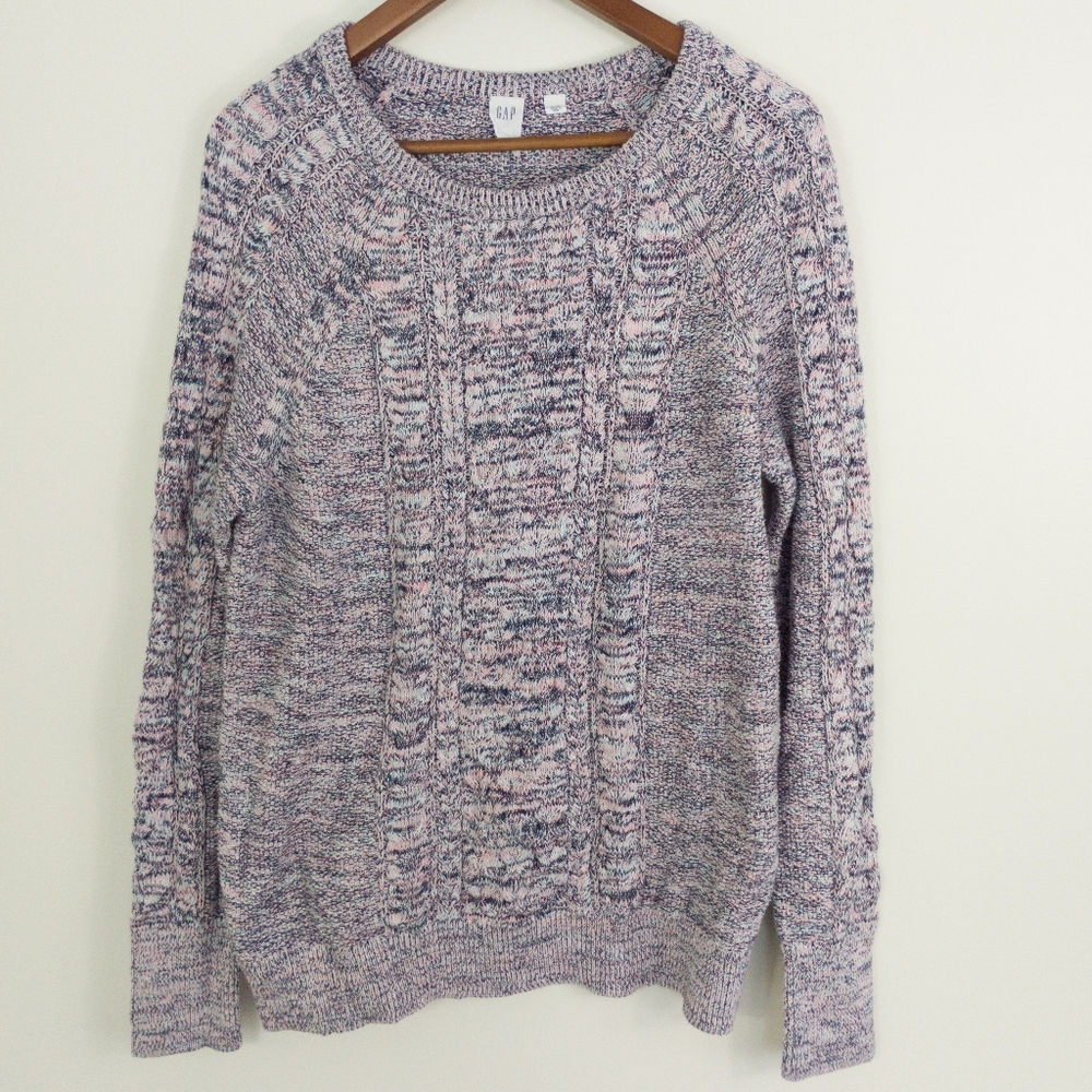 GAP Pink Blue Marled Cable Knit Sweater XL 100% Cotton Crewneck Chunky Pullover